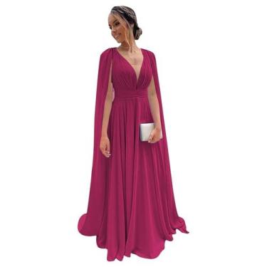 Imagem de Vestido de dama de honra CRIEBDK A Line, chiffon plissado, decote em V