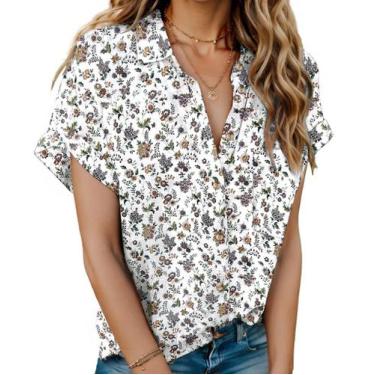 Imagem de Camisa feminina HOTOUCH, linho, estampa floral, decote em V, manga cur