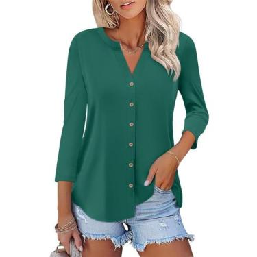 Imagem de Camiseta feminina ORANDESIGNE, manga 3/4, decote em V, com botões, ver