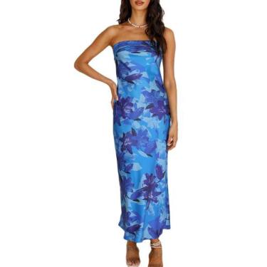 Imagem de Vestido maxi Realtix Summer com estampa de cetim sem encosto para mulh