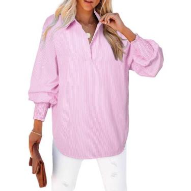 Imagem de Camisa feminina elegante, casual, listrada, com decote em V, rosa, tam