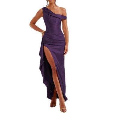 Imagem de Vestido de convidado de casamento Alphirkut Satin Off Shoulder Plum