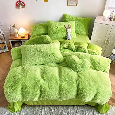 Imagem de Conjunto de capa de edredom felpudo de pele sintética, conjunto de cama ultra macio, conjunto de 4 peças de capa de edredom espesso mantém quente com fronhas de cama - verde claro Queen 200 x 230 cm