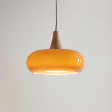 Imagem de YQSLQZZ Luminária pendente de vidro laranja, lustre de sala de jantar vintage japonês, tambor cozinha ilha bar luzes de teto suspensas, E27*1 luz, altura ajustável