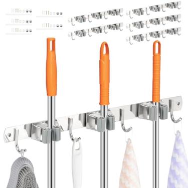 Imagem de Suporte de parede para esfregão e vassoura, 5 peças, organizador de ferramentas de armazenamento de esfregão e vassoura, aço inoxidável, resistente, organizador de ferramentas de cozinha, 3