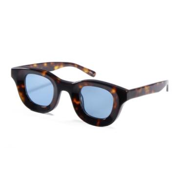Imagem de HCHES Óculos de sol vintage artesanais de acetato, masculino, UV400, feminino, redondo, robusto, armação ousada, masculino (azul demi)