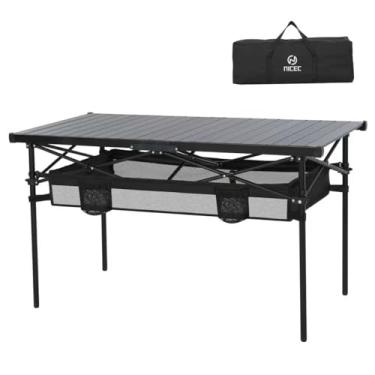 Imagem de Nice C Mesa de acampamento dobrável portátil, mesa de alumínio leve para ambientes internos e externos, com rede de malha, suporte para copos, bolsa de transporte, estrutura de aço, para acampamento