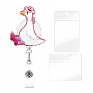 Imagem de YIHONGYAN Carretel de crachá, porta-crachá, retrátil, clipes giratórios, carretéis engraçados, laço rosa, ganso, sentado no chão, glitter, design para mulheres, enfermeira, médica, professora