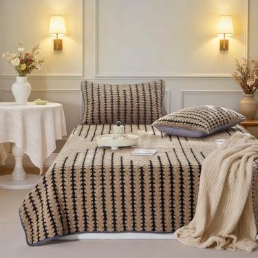 Imagem de Conjunto de colcha de veludo boêmio de luxo com 3 peças, tamanho Queen, leve e decorativo, para todas as estações, cobertor macio com 2 fronhas, marrom café