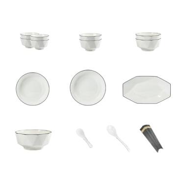 Imagem de Pratos brancos puros de cerâmica sob o esmalte requintado de alta temperatura para uso doméstico - 33 peças para 6 pessoas - com tigelas de sopa.