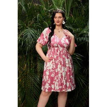 Imagem de KOJOOIN Vestido plus size feminino plus size casual com estampa floral, manga curta, gola V, vestido com babados, Flor grande rosa * kj, 5G