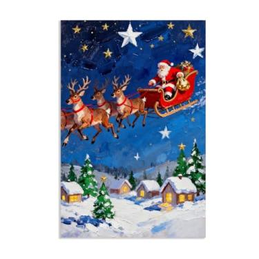 Imagem de Arte de parede em tela de Natal Papai Noel impressões em tela para sala de estar cozinha banheiro casa azul céu estrelado Papai Noel pôsteres de natal decoração de quarto 45 x 30 cm (18 x 12 pol) sem