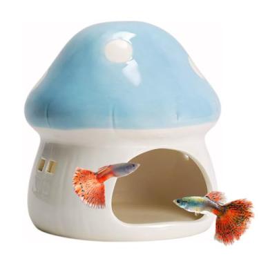 Imagem de Saim Linda casa de cogumelos de cerâmica para aquário, esconderijo de peixes, caverna de desova para peixes Betta, caranguejo de camarão para descansar/raçar/esconder - azul