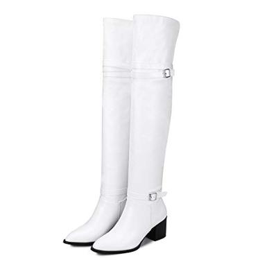 Imagem de Bigfanshu Botas femininas acima do joelho tamanho grande salto quadrado botas longas moda feminina vestido atlético ocasião fecho tornozelo e bota Chelsea Boots, Branco, 42 BR