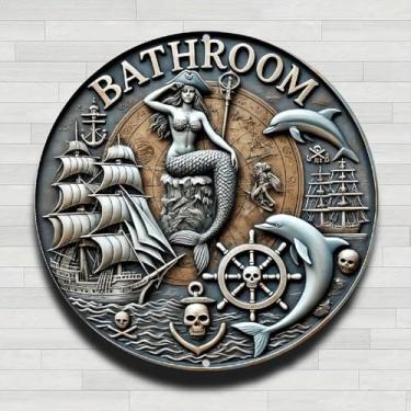 Imagem de Banheiro sereia navios pirata golfinhos caveiras e âncora sinal de banheiro temático náutico vintage rústico alumínio metal placa de parede redonda - 20 cm presentes internos e externos e decoração