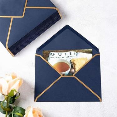 Imagem de Pacote com 10 envelopes, envelope autoadesivo 12 x 17 cm com aba em V e borda dourada, envelopes para cartões de presente de escritório, cartões comemorativos, convites para festas de casamento, azul
