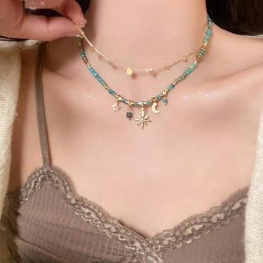 Imagem de 2 peças de colar com pingente empilhado de contas azuis, estilo boêmio, sol, lua, estrela, adornado, moda feminina, presente de aniversário