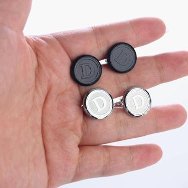 Imagem de Abotoaduras masculinas prata preto conjunto camisa aço inoxidável abotoaduras iniciais gravadas abotoaduras letra alfabeto A-Z presente para homens, standard, Aço inoxidável, Sem Pedra Preciosa