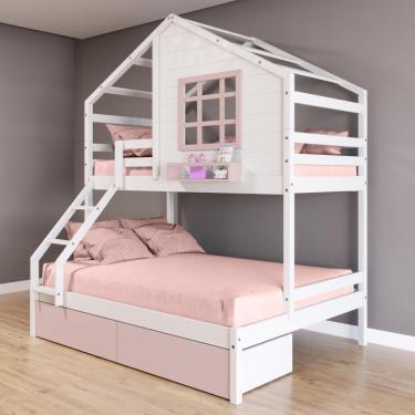 Imagem de Beliche Casinha Com Janela Casal/solteiro 02 Gavetas Rosa Madeira Maciça Branco/ Rosa Housin