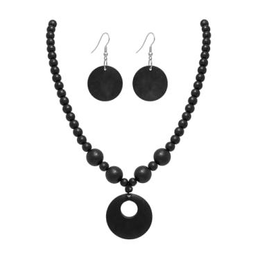 Imagem de KZL Conjunto de brincos com pingente de contas de madeira vintage redondo boêmio colorido contas de madeira natural suéter gargantilha colar declaração conjunto de joias étnicas para mulheres, Madeira