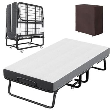 Imagem de CAIYUN Cama dobrável com colchão e capa de armazenamento – Moldura de tamanho solteiro de 190,5 x 96,5 cm, cama de hóspedes dobrável portátil com colchão de espuma viscoelástica de 12,7 cm, design