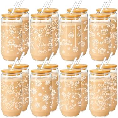 Imagem de Maxcheck 16 peças de copos de vidro de Natal 473 ml xícara de café gelado com tampas de bambu e canudo, copos de Natal, canecas de Natal, frascos de pedreiro, tampa de palha para refrigerante