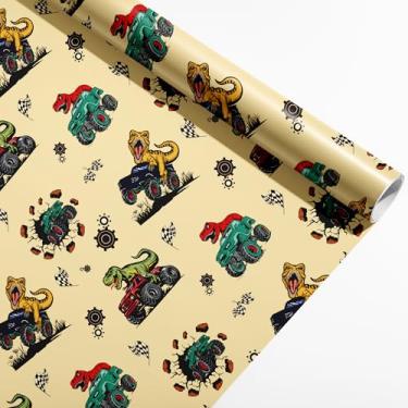 Imagem de Vnaaem Rolo de papel de embrulho de aniversário para meninos com recortes na parte de trás - 43 cm x 80 metros - Design de caminhão monstro de dinossauro para crianças, aniversário, chá de bebê