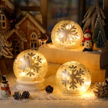 Imagem de Tujoe 3 peças de decoração de inverno interior 10 cm flocos de neve rachados lâmpada de globo de vidro luzes noturnas com temporizador LED operado por bateria decoração de mesa decorativa para mesa de