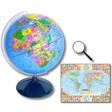 Imagem de Globo Terrestre Político Bilíngue 30cm Base Preta + Mapa Mundi + Lupa 