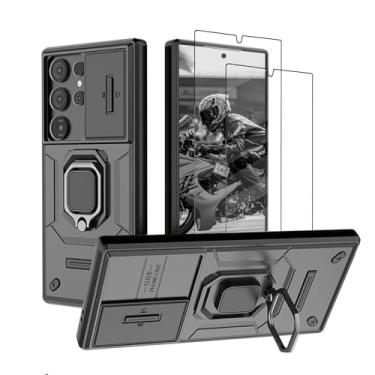 Imagem de Capa para Samsung Galaxy S24 Ultra Capinha - com [2 peças] protetor de tela de vidro temperado, com proteção deslizante da tampa da câmera e suporte, Estojo de silicone macio à prova choque