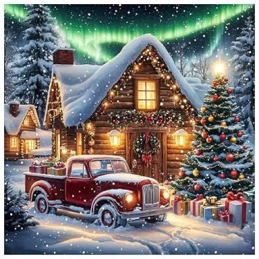 Imagem de Kits de ponto cruz estampado de caminhão de Natal para adultos – Kits de bordado de inverno para iniciantes e adultos, kits de ponto cruz contados com 11 CT para adultos, artesanato, 35,5 x 35,5 cm