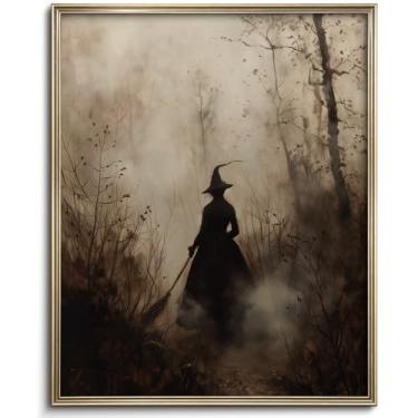 Imagem de Impressões de arte de parede em tela de bruxa vintage imagens de bruxa mal-humorada na floresta para decoração de parede de Halloween pintura a óleo de bruxa escura academia gótica decoração de parede