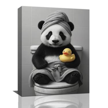 Imagem de Arte de parede engraçada de panda de banheiro preto e branco pintura em tela de banheiro bonito pato panda decoração de imagens emolduradas presentes para mulheres menina banheiro banheiro casa 30,5 x
