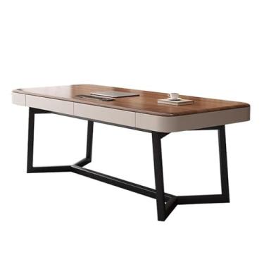 Imagem de Mesa de trabalho Mesa de escritório com base metal preto, mesa trabalho moderna 2 gavetas e estação carregamento, cor nogueira(L)