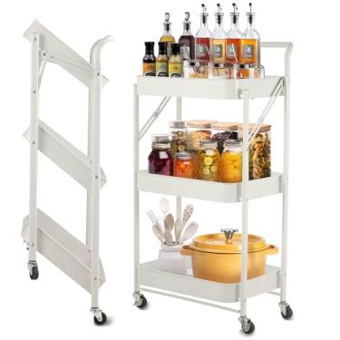 Imagem de Prateleira de armazenamento dobrável cinza com 3 andares, prateleira portátil para armário com rodas removíveis de 360° para cozinha/sala de estar/banheiro/lavanderia/despensa/garagem/(capacidade