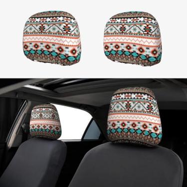 Imagem de OEDTF 2 peças de capa de encosto de cabeça para carro asteca, conjunto universal macio elástico fácil de instalar, resistente à sujeira, protetor de cabeça para a maioria dos modelos de carros