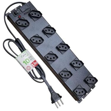 Imagem de Régua Filtro de Linha Metálico 10 Tomadas Espaçadas, Cabo 1,5 Metro, Fusível 10A, Chave Liga/Desliga – Extensão Alta Capacidade