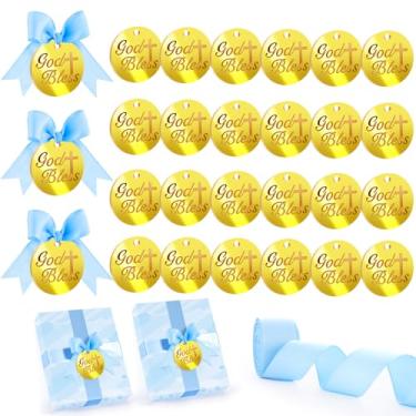 Imagem de 24 peças de etiquetas de acrílico para batismo de Deus Bless com fita azul, laço de acrílico dourado, etiqueta de presente para primeira comunhão, celebração religiosa, aniversário, decoração cristã