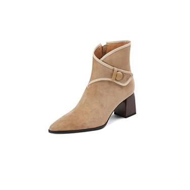 Imagem de TinaCus Bota feminina feita à mão de camurça com fivela lateral com zíper e bico fino, salto grosso médio, Damasco, 34