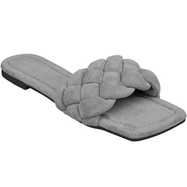 Imagem de CLOVERLAY Sandália feminina trançada, rasteira, bico quadrado, trançada, de faixa única, sem cadarço, Camurça cinza claro, 35