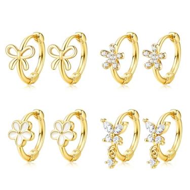 Imagem de LOYALLOOK Brincos de argola pequenos para mulheres, hipoalergênicos, brincos de argola para orelhas sensíveis, brincos de borboleta fofos coloridos CZ margarida coração arco conjunto de brincos