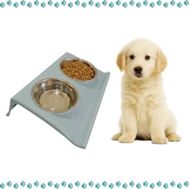 Imagem de Comedouro Pet Cachorro Gato Duplo Elevado Tigela Inox Comida Azul Claro