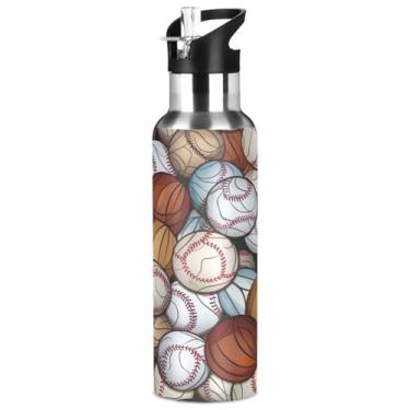 Imagem de Blueangle Garrafa de água de aço inoxidável com padrão de bolas de beisebol de 947 ml - Garrafa esportiva de metal isolada à prova de vazamento para academia, acampamento, fitness ao ar livre e