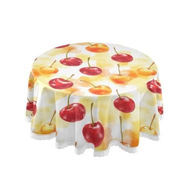 Imagem de SEHANY Toalha de mesa redonda em aquarela cereja 152 cm, tecido lavável sem rugas, toalha de mesa redonda com renda decorativa para restaurante, casamento, acampamento, festa de cinco de maio