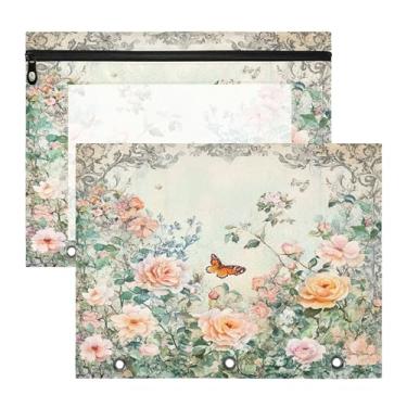 Imagem de SEHANY Pasta de lápis de flores de jardim com 3 anéis - bolsa de documentos com zíper tamanho A4 com janela transparente para sala de aula, escritório, 2 peças