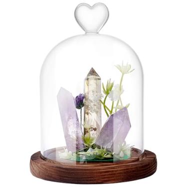 Imagem de WADORN Cúpula de vidro cloche transparente, 16,5 x 12 cm com alça superior de coração com base de madeira marrom para decoração de mesa de Natal à prova de poeira