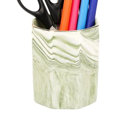 Imagem de BUNCHBRAVO Suporte de pincel de maquiagem de mármore verde – Recipiente redondo de cerâmica com borda dourada, organizador elegante e versátil para penteadeira, mesa ou banheiro