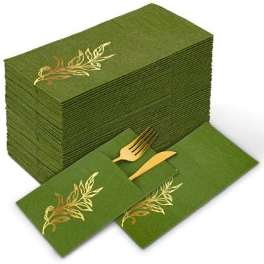 Imagem de Whaline Guardanapo com sensação de linho verde oliva com bolso embutido para talheres guardanapos de papel descartáveis folhas douradas guardanapos de jantar dobrados para festa de casamento de