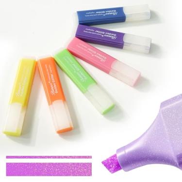 Imagem de BONACE Marcadores com glitter, pacote com 6, cores metálicas, ponta de cinzel, marca-textos, marcadores brilhantes, cores sortidas, material de volta às aulas (ouro)