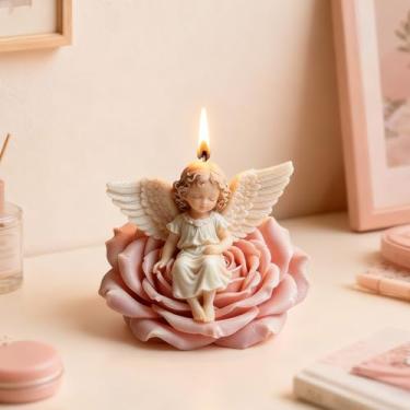 Imagem de Molde de vela Angel Girl sentado em flor de rosa, moldes de silicone 3D Angel Baby para fazer velas, sabonete de flores, cera de aromaterapia, resina de gesso, fundição para chá de bebê, decoração de
